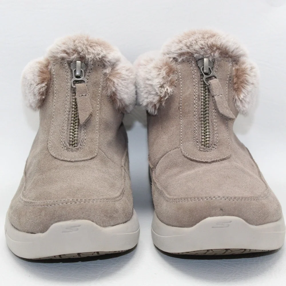 Skechers Go Walk Joy Women 7 Dark‎ Taupe Suede Faux Fur Zip Winter Boots 144664